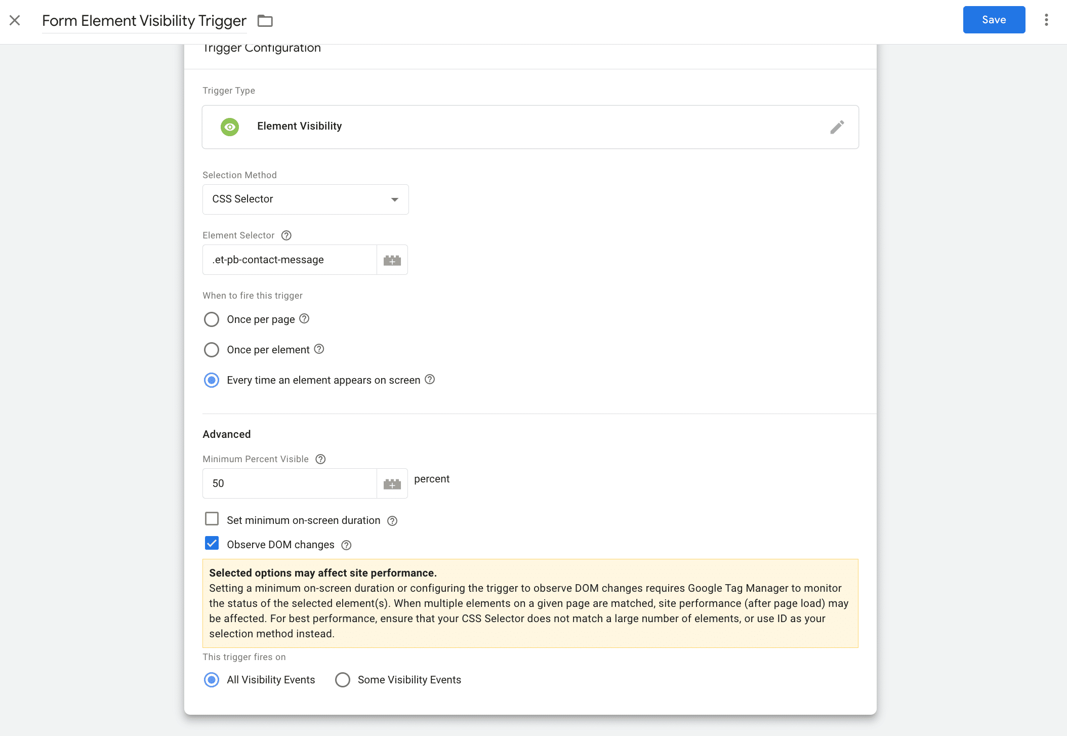 Element visibility trigger for form tracking - trigger field details