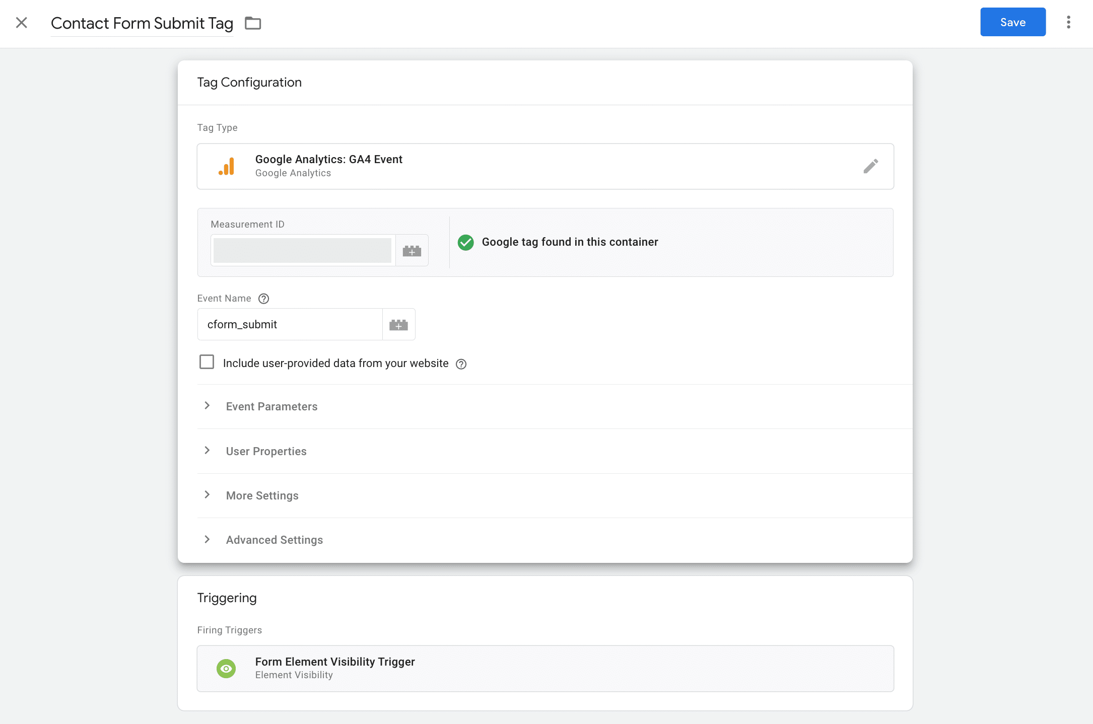 GA4 event tag details for form submission tracking